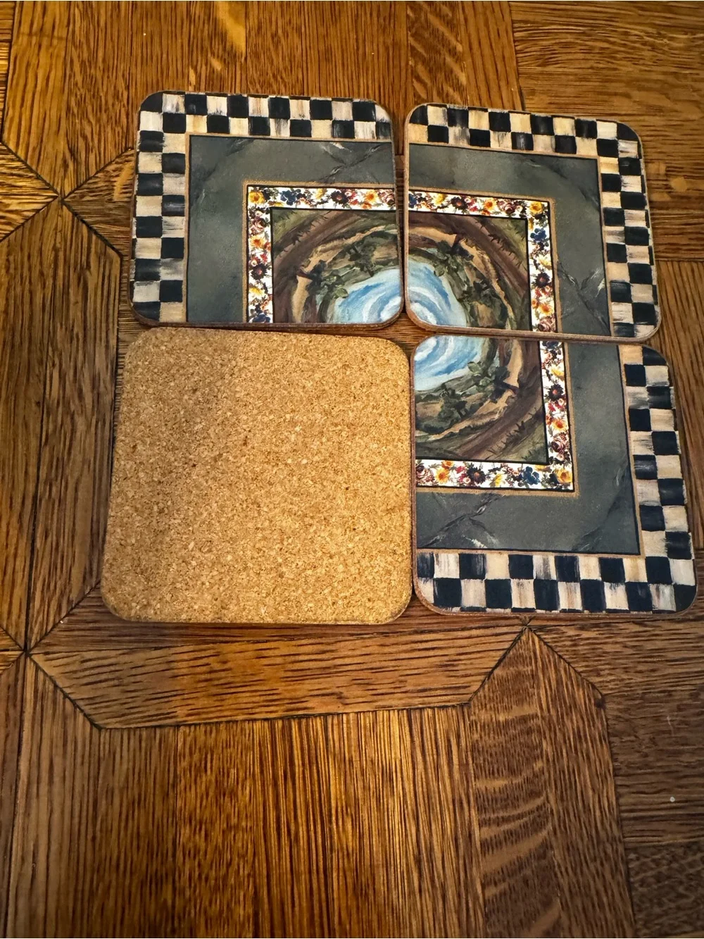 MacKenzie-Childs Black & Cream  Checkered Floral Tile Coasters (Set of 4)